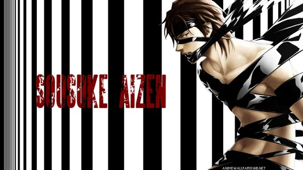 Anime picture 1366x768 with bleach studio pierrot aizen sousuke single short hair open mouth light erotic brown hair wide image brown eyes signed profile inscription topless striped bondage striped background boy belt