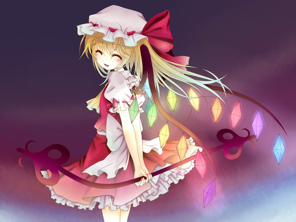 Anime picture 2900x2175 with touhou flandre scarlet akuamasono (artist) single long hair highres open mouth blonde hair smile eyes closed girl dress skirt weapon wings frills bonnet skirt set crystal laevatein (touhou)