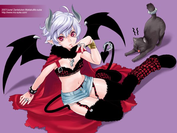 Anime picture 1024x768 with original mattaku mousuke horn (horns) demon girl bat wings denim girl thighhighs wings shorts cape denim shorts