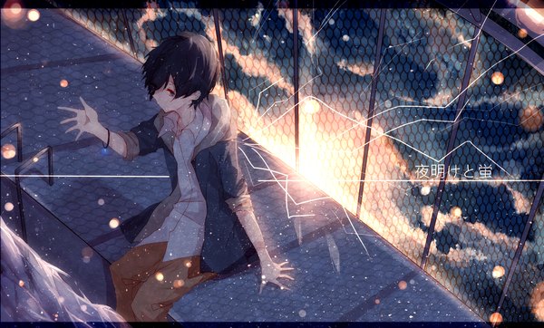 Anime picture 2480x1500 with nico nico singer soraru chaoka single looking at viewer fringe highres short hair black hair wide image sitting from above hair over one eye open clothes open jacket outstretched arm sunrise boy shirt jacket