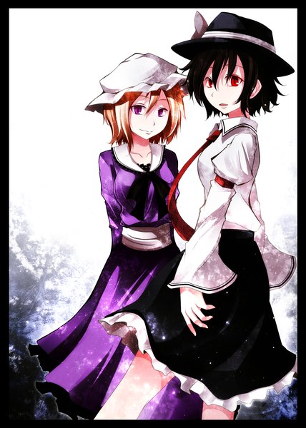 Anime picture 1071x1500 with touhou usami renko maribel hearn s-syogo tall image short hair black hair blonde hair red eyes purple eyes multiple girls girl dress skirt 2 girls hat necktie bonnet