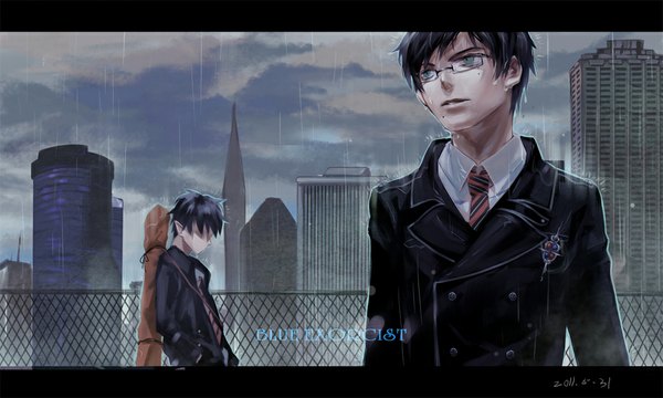 Anime picture 1056x635 with ao no exorcist a-1 pictures okumura rin okumura yukio yunvshen short hair black hair wide image mole rain hands in pockets boy uniform school uniform glasses necktie building (buildings) skyscraper