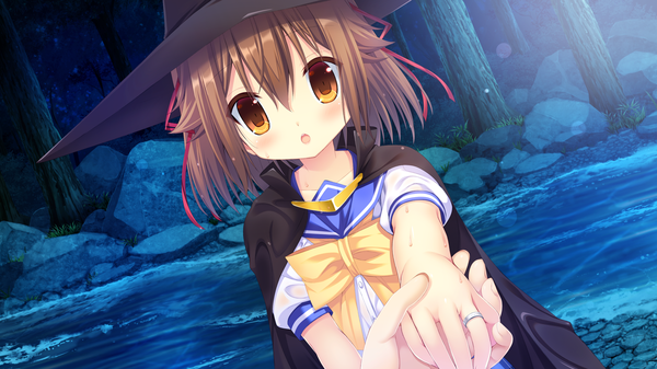 Anime picture 2048x1152 with natsu no majo no parade yugamo azuki single looking at viewer blush highres short hair open mouth brown hair wide image brown eyes game cg night girl uniform school uniform hat witch hat