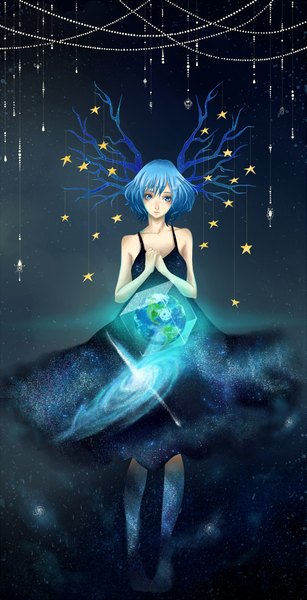 Anime picture 1025x2000 with original lavi (artist) single tall image looking at viewer short hair blue eyes standing bare shoulders holding blue hair barefoot bare legs no shoes space milky way girl dress black dress star (symbol)