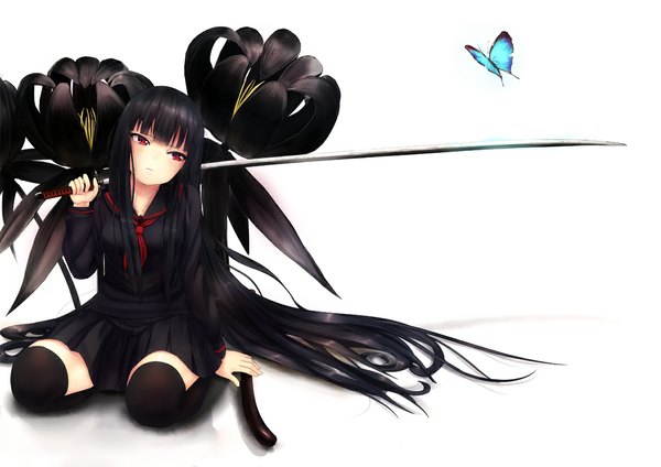 Anime picture 1169x827 with original noririn single long hair black hair red eyes white background looking away weapon over shoulder girl thighhighs uniform flower (flowers) weapon black thighhighs sword serafuku katana insect butterfly