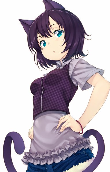 Anime picture 671x1053 with original zizi (zz22) single tall image looking at viewer open mouth simple background standing white background animal ears purple hair tail aqua eyes cat ears hand on hip girl shorts bracelet short shorts