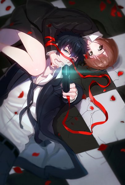 Anime picture 589x871 with psycho-pass production i.g kougami shin'ya tsunemori akane lloule tall image fringe short hair blue eyes black hair brown hair holding brown eyes bent knee (knees) lying open collar checkered floor floor hand on another's face girl