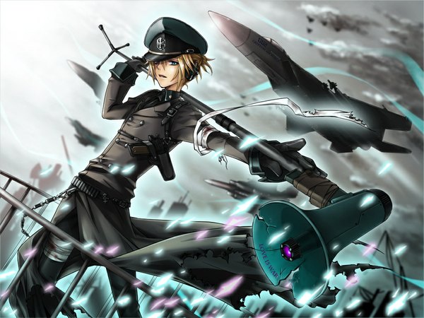 Anime picture 1024x768 with vocaloid koi wa sensou (vocaloid) kagamine len shirano (artist) single short hair blue eyes blonde hair outstretched arm boy cloak bandage (bandages) peaked cap pistol aircraft microphone stand airplane megaphone jet