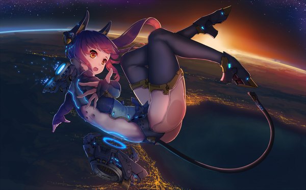 Anime picture 2100x1308 with original fangxiang cuoluan single long hair highres open mouth wide image purple hair ponytail orange eyes side ponytail flying space girl thighhighs hair ornament black thighhighs bodysuit wire (wires) android