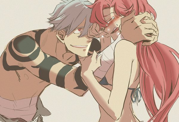 Anime picture 1110x758 with tengen toppa gurren lagann gainax yoko littner kamina katou (hyaena) long hair blush short hair open mouth simple background red eyes red hair grey hair tattoo couple hug tears face to face crying girl