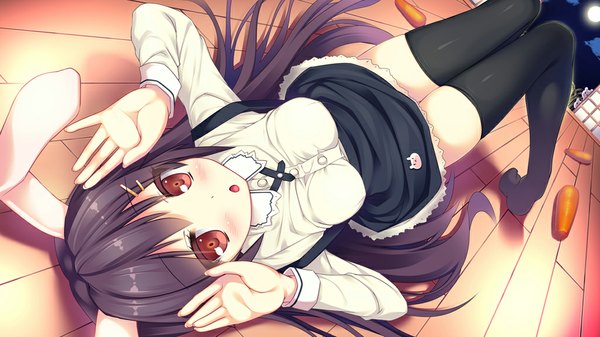 Anime picture 1024x576 with original ochinsama single long hair blush open mouth light erotic black hair wide image animal ears lying bunny ears girl thighhighs dress black thighhighs