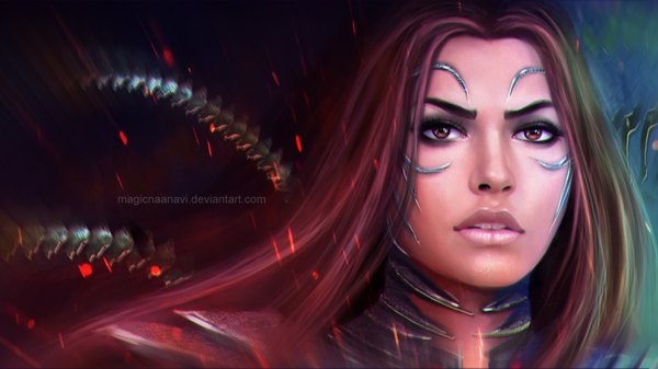 Anime picture 1920x1080 with witchblade sara pezzini magicnaanavi single long hair highres open mouth brown hair wide image brown eyes signed lips close-up face girl