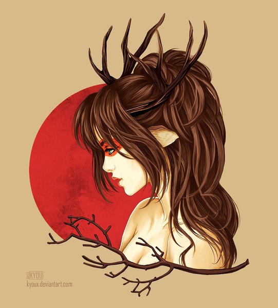 Anime picture 901x1000 with original kyoux (artist) single long hair tall image simple background brown hair green eyes animal ears looking away ponytail profile horn (horns) lips face paint red moon girl animal moon branch