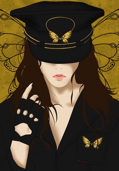 Anime picture 1024x1466 with original rukaxkaname single long hair tall image brown hair fingernails lips long fingernails insect wings butterfly wings hat over eyes girl gloves wings headdress fingerless gloves insect butterfly peaked cap