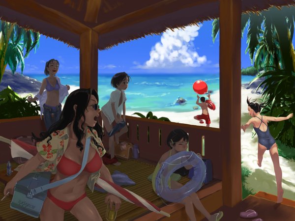 Anime picture 1417x1063 with original sanada-x brown hair beach summer everyone swimsuit bikini sea sunglasses swim ring