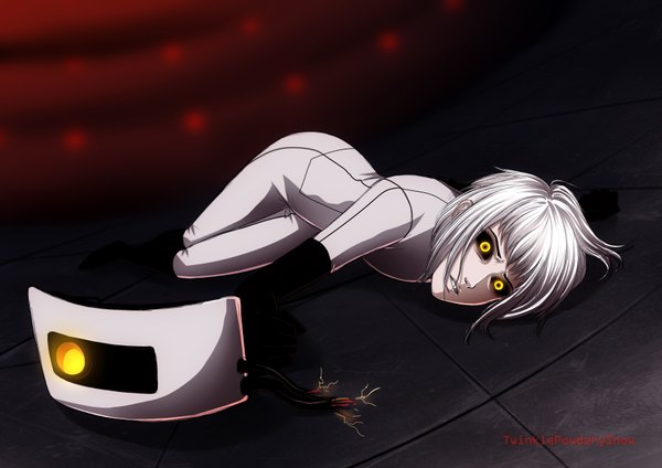 Anime picture 3507x2480 with portal glados single highres short hair yellow eyes absurdres white hair lying bodysuit