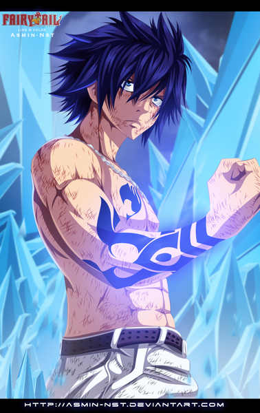 Anime picture 1000x1588 with fairy tail gray fullbuster iitheluciferii single tall image short hair blue eyes purple hair inscription tattoo copyright name coloring letterboxed muscle boy cross fist jeans ice cross necklace