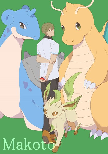 Anime picture 827x1182 with pokemon free! kyoto animation nintendo tachibana makoto leafeon lapras dragonite ronisuke single tall image looking at viewer simple background smile brown hair green eyes looking back from behind character names hands behind back