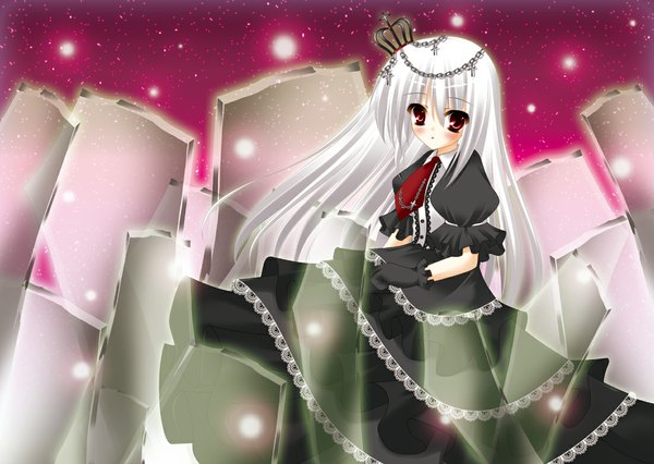 Anime picture 1102x784 with long hair red eyes white hair loli girl dress gloves necktie black dress jewelry crown