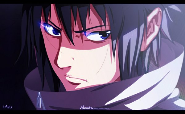 Anime picture 1000x616 with naruto studio pierrot naruto (series) uchiha sasuke i-azu single short hair black hair wide image looking away black eyes inscription coloring letterboxed boy