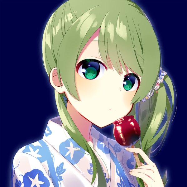 Anime picture 1200x1200 with battle girl high school tokiwa kurumi mafuyu (chibi21) single long hair looking at viewer blush fringe simple background holding green eyes upper body traditional clothes head tilt japanese clothes green hair side ponytail floral print girl food