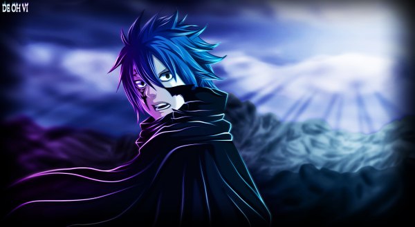 Anime picture 2753x1513 with fairy tail jellal fernandes deohvi single highres short hair open mouth wide image blue hair black eyes coloring light mountain face paint boy cloak