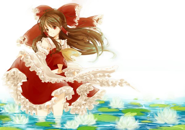 Anime picture 2300x1628 with touhou hakurei reimu clo ver single long hair looking at viewer highres red eyes brown hair traditional clothes bare legs midriff light skirt lift miko frilly skirt girl skirt flower (flowers) bow