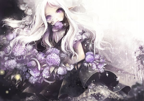 Anime picture 1000x706 with original asahiro single long hair looking at viewer blush open mouth purple eyes holding white hair pointy ears face paint girl dress flower (flowers) bow plant (plants) frills bouquet hydrangea