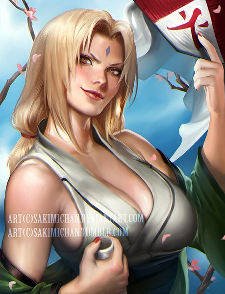 Anime picture 689x900 with naruto studio pierrot naruto (series) tsunade sakimichan single long hair tall image looking at viewer breasts light erotic blonde hair smile large breasts bare shoulders brown eyes signed sky cleavage nail polish