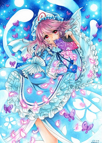 Anime picture 710x1000 with touhou saigyouji yuyuko mosho single tall image looking at viewer short hair smile red eyes signed pink hair magic traditional media watercolor (medium) girl petals frills insect butterfly bonnet
