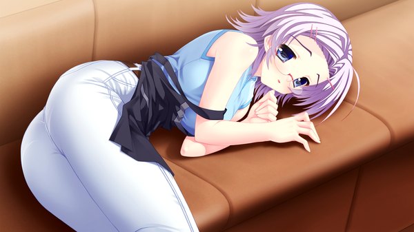Anime picture 1280x720 with kozukuri shiyou yo souma-kun single looking at viewer short hair blue eyes wide image game cg purple hair lying girl glasses couch