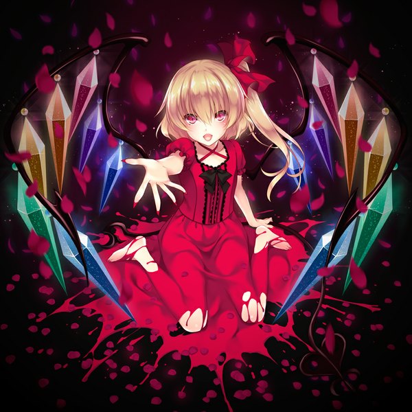 Anime picture 1000x1000 with touhou flandre scarlet ayase hazuki single looking at viewer fringe short hair open mouth blonde hair hair between eyes red eyes one side up girl dress bow hair bow petals wings crystal