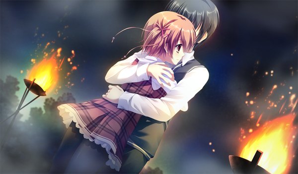 Anime picture 1024x600 with da capo iii hinomoto aoi takano yuki (allegro mistic) short hair black hair brown hair wide image brown eyes game cg couple hug one side up girl dress boy fire