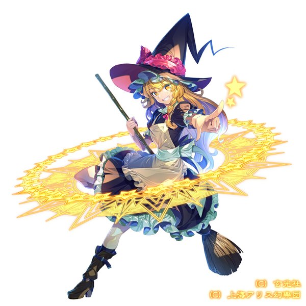 Anime picture 1000x1000 with touhou kirisame marisa zounose single long hair looking at viewer simple background blonde hair smile white background yellow eyes bent knee (knees) braid (braids) outstretched arm magic side braid witch pointing girl hat
