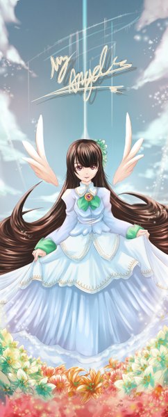 Anime picture 1024x2531 with original aata1007 single tall image looking at viewer brown hair brown eyes sky cloud (clouds) very long hair girl dress flower (flowers)