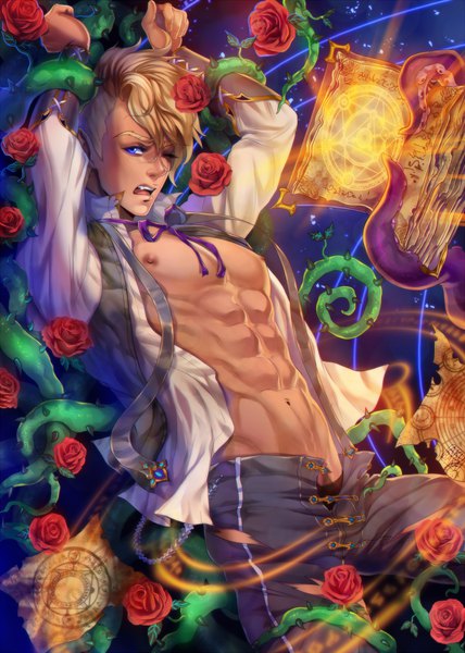 Anime picture 857x1200 with original akubaka single tall image blush short hair open mouth blue eyes light erotic blonde hair one eye closed arms up open shirt embarrassed torn clothes magic muscle bondage glow asymmetrical hair