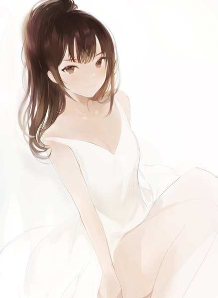 Anime picture 640x876 with original lpip single long hair tall image looking at viewer blush fringe simple background smile brown hair white background sitting bare shoulders cleavage bent knee (knees) ponytail bare legs sleeveless strap slip