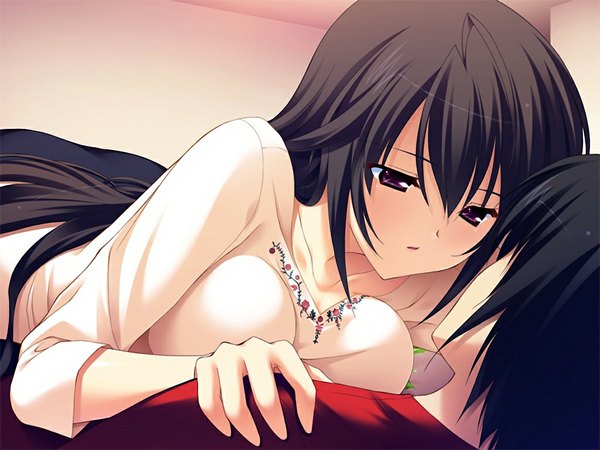 Anime picture 1024x768 with hoshiuta morishita seiko long hair black hair purple eyes game cg girl boy