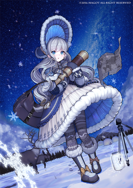 Anime picture 700x991 with original honnou (kjs9504) single long hair tall image looking at viewer fringe blue eyes holding silver hair full body night :o dutch angle night sky watermark snowing wavy hair winter snow