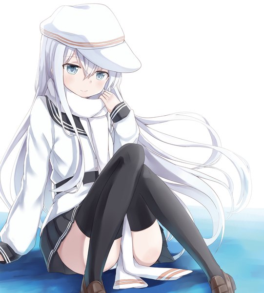 Anime picture 1245x1381 with kantai collection hibiki destroyer verniy destroyer shikuro (iorimiyakiyo) single long hair tall image looking at viewer blue eyes light erotic white hair girl thighhighs skirt black thighhighs miniskirt scarf sailor suit flat cap