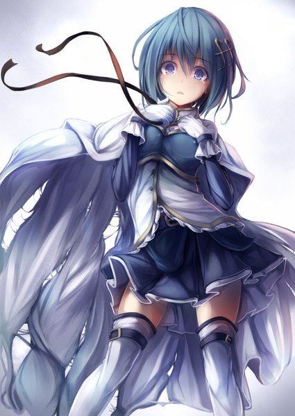 Anime picture 1254x1771 with mahou shoujo madoka magica shaft (studio) miki sayaka fal maro single tall image looking at viewer short hair simple background white background purple eyes blue hair tears girl thighhighs skirt gloves hair ornament miniskirt white thighhighs