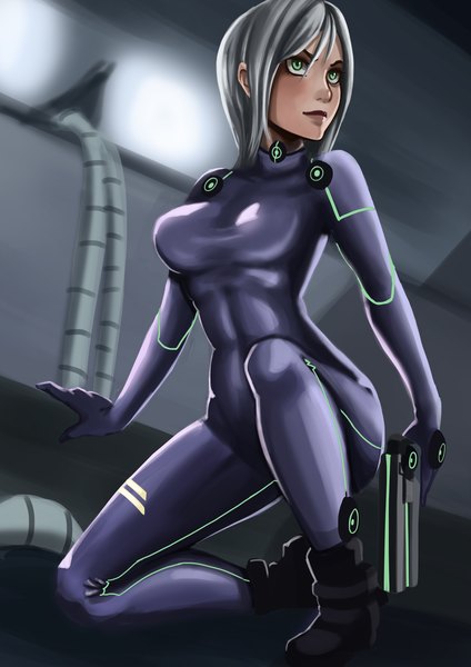 Anime picture 2480x3508 with aoshi7 (artist) single tall image fringe highres short hair breasts green eyes looking away grey hair girl weapon gun bodysuit pistol