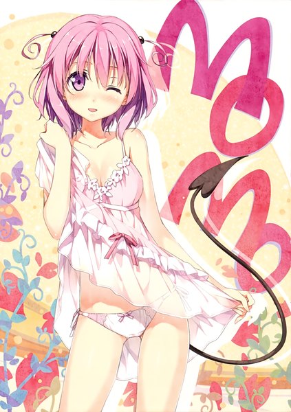 Anime picture 2466x3500 with toloveru toloveru darkness xebec momo velia deviluke kantoku single tall image looking at viewer blush fringe highres short hair open mouth light erotic hair between eyes standing purple eyes payot pink hair tail