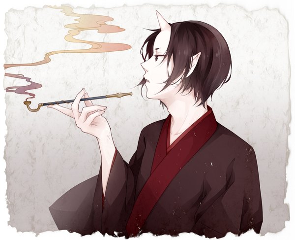 Anime picture 1230x1000 with hoozuki no reitetsu wit studio hoozuki (hoozuki no reitetsu) sekiyu single short hair open mouth brown hair holding brown eyes traditional clothes japanese clothes profile horn (horns) pointy ears border smoke demon boy yukata