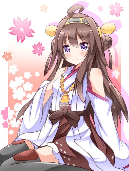 Anime picture 903x1200 with kantai collection kongou battleship shineka single long hair tall image looking at viewer blush smile brown hair purple eyes bare shoulders nontraditional miko girl thighhighs dress black thighhighs hairband