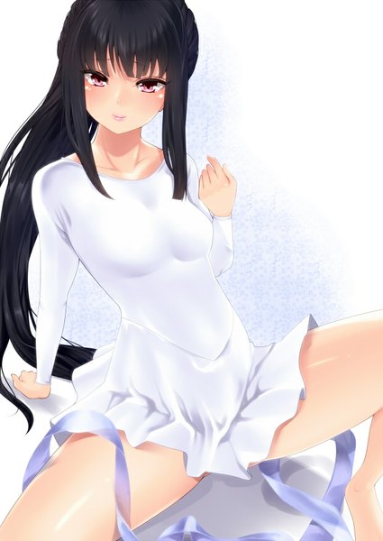 Anime picture 620x876 with original amasora taichi single long hair tall image looking at viewer blush fringe light erotic black hair simple background smile white background sitting bent knee (knees) pink eyes girl ribbon (ribbons) leotard