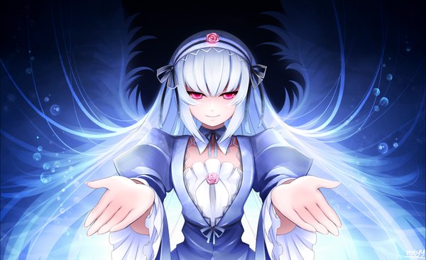 Anime picture 1900x1160 with rozen maiden suigintou mtyy single long hair looking at viewer highres smile red eyes wide image white hair goth-loli girl dress wings headdress