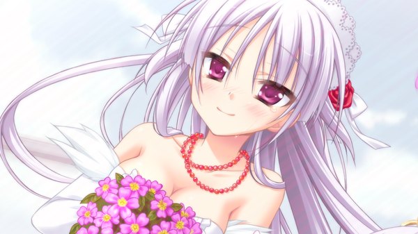 Anime picture 1280x719 with hatsuyuki sakura tamaki sakura long hair blush smile red eyes wide image game cg purple hair tears girl dress flower (flowers) headdress beads