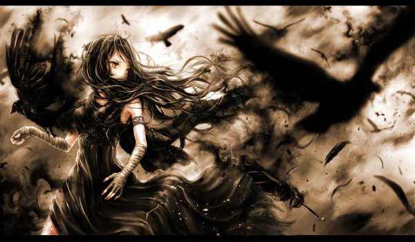 Anime picture 1200x700 with original nuwanko single long hair black hair wide image brown eyes looking away wind dark background bondage girl dress animal black dress bird (birds) feather (feathers) crow