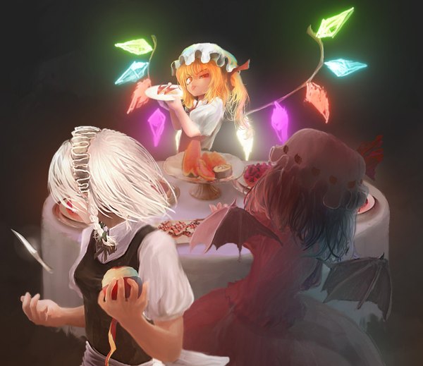 Anime picture 1224x1060 with touhou flandre scarlet izayoi sakuya azzie (pixiv) fringe short hair blonde hair red eyes holding purple hair white hair braid (braids) from behind maid twin braids back glowing siblings bat wings sisters